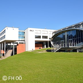 Abbildung der FH Gebäude 1 und 2 im Softwarepark Hagenberg.